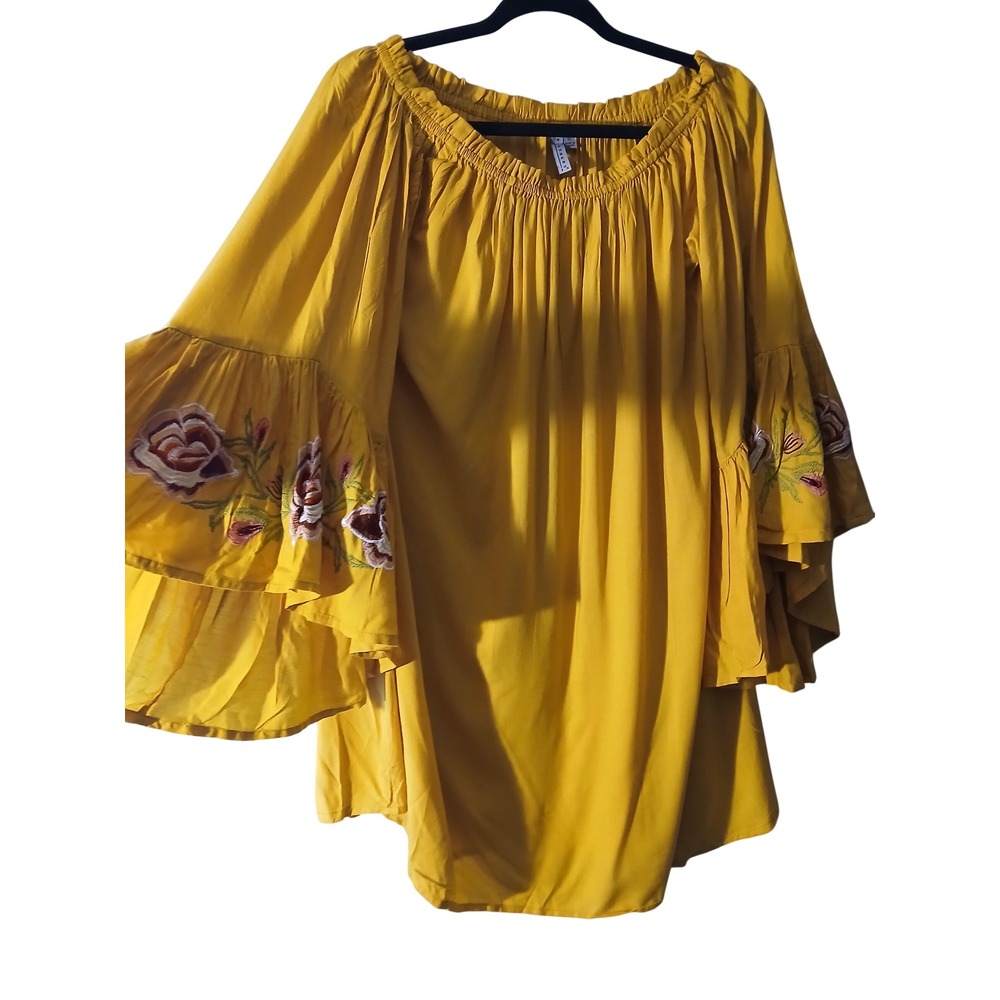 Feathers Mustard Yellow Floral Embroidered Bell Sleeve Off Shoulder Blouse XL - Picture 5 of 10